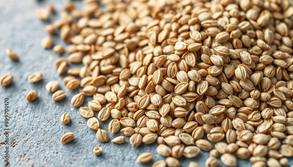 Close up of heap of hemp seeds on a rustic blue background.
Close up of heap of hemp seeds on a rustic blue background.