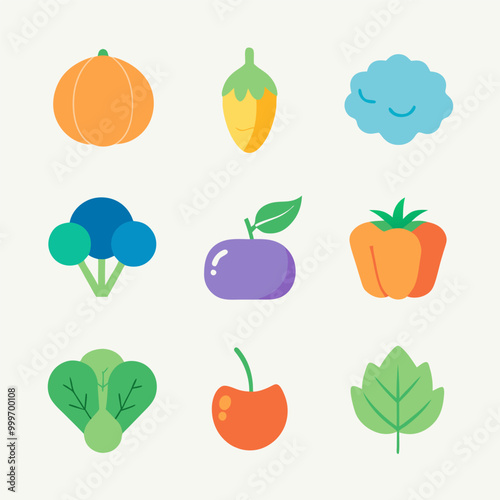 A set of nine colorful and playful illustrations featuring various fruits and vegetables, including a pumpkin, eggplant, broccoli, spinach, tomato, cherry, and more.