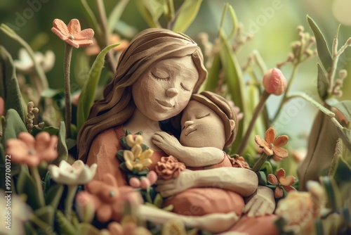 A motherly figure holding a young child in her arms, depicted as a sculpture