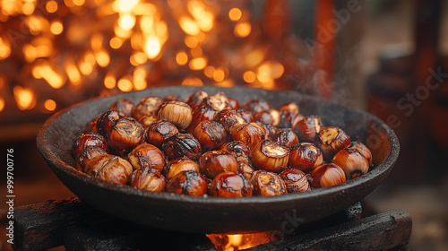 Roasted chestnuts in pan over fire for festive New Year and Christmas celebration