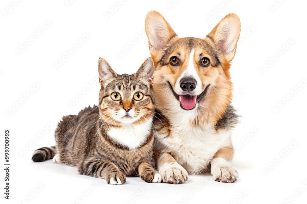 A photograph of a dog and a cat sitting peacefully side by side