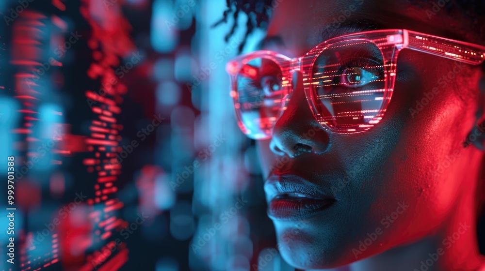 A woman admires herself in the mirror while wearing bright red glasses, great for fashion or beauty photography A woman admires herself in the mirror while wearing bright red glasses, great for fashion or beauty photography