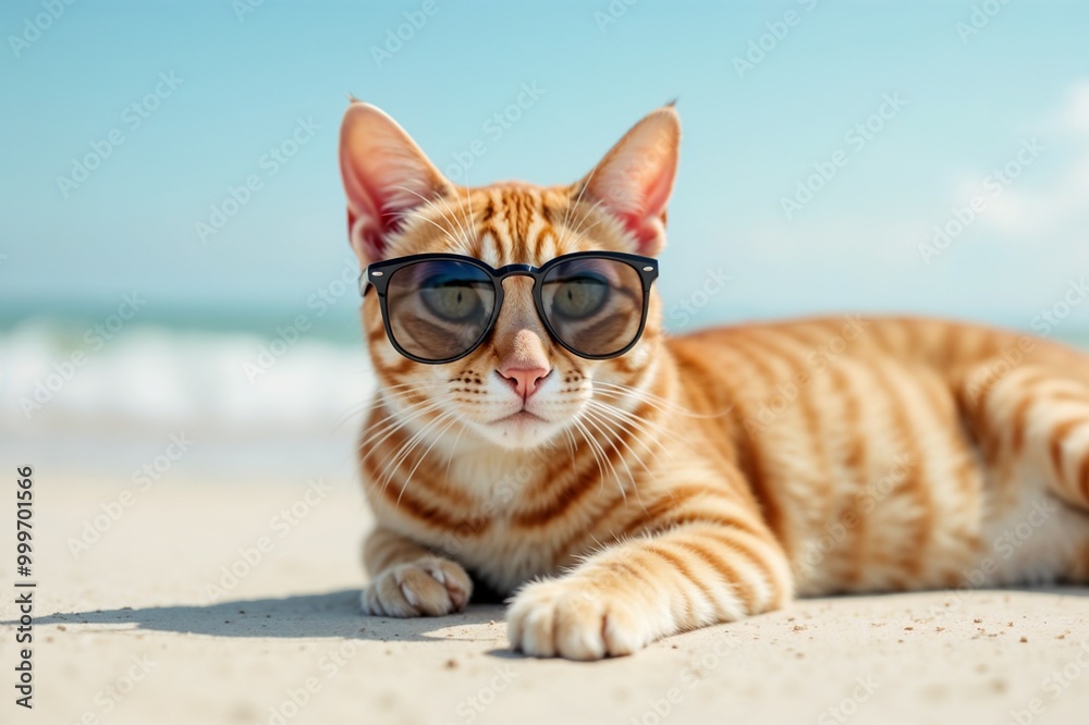 Cool ginger cat with sunglasses relaxing on sunny beach against blue sky Cool ginger cat with sunglasses relaxing on sunny beach against blue sky