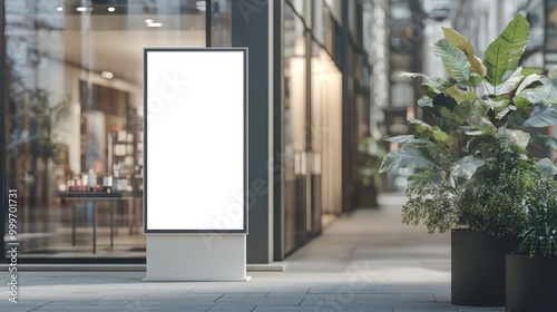 Blank advertising mockup stand board for advertisement at the entrance of building.