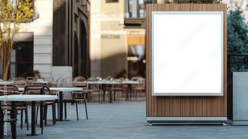 Blank space board using for product advertisement with outdoor restaurant background. Blank space board using for product advertisement with outdoor restaurant background.