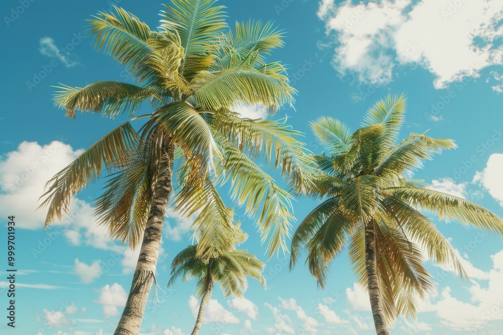 Palm trees standing tall on a sunny sandy beach, perfect for coastal or tropical settings Palm trees standing tall on a sunny sandy beach, perfect for coastal or tropical settings