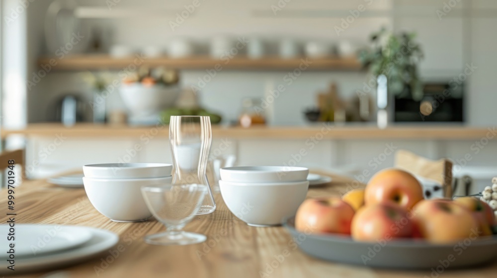 Table Setting with Fruit and Plates in a Modern Kitchen Table Setting with Fruit and Plates in a Modern Kitchen