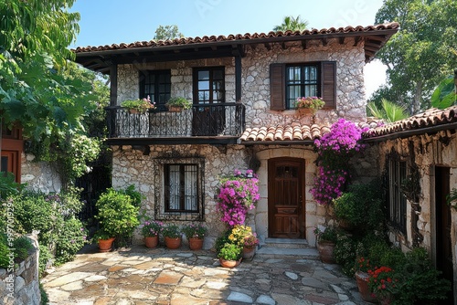 A stone house with a terracotta roof and a balcony with flowering plants in the front yard.