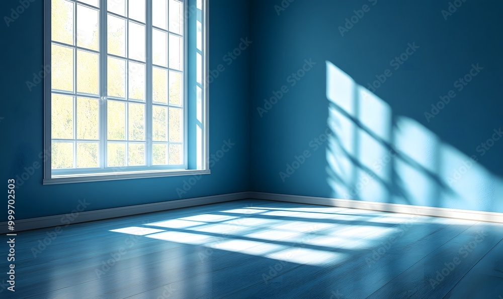 Fototapeta premium Empty blue room with bright sunlight shining through window onto floor , Generative AI