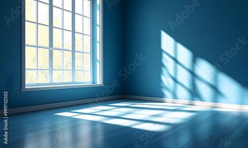 Empty blue room with bright sunlight shining through window onto floor , Generative AI