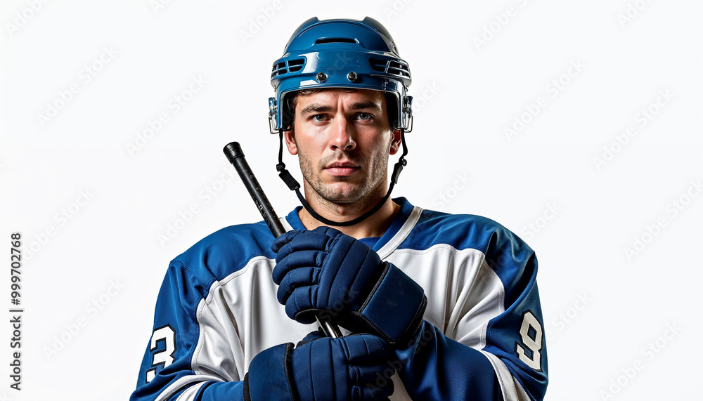 Fototapeta premium Portrait of a determined hockey player in full gear, showcasing readiness and focus.