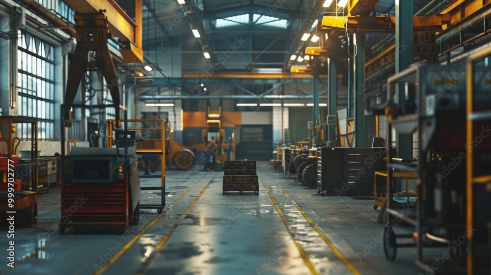 Factory interior with machinery and equipment, ideal for industrial or manufacturing concepts