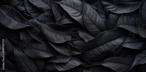 closeup nature view Black leaf and palms background. Flat lay, dark nature concept, tropical leaf