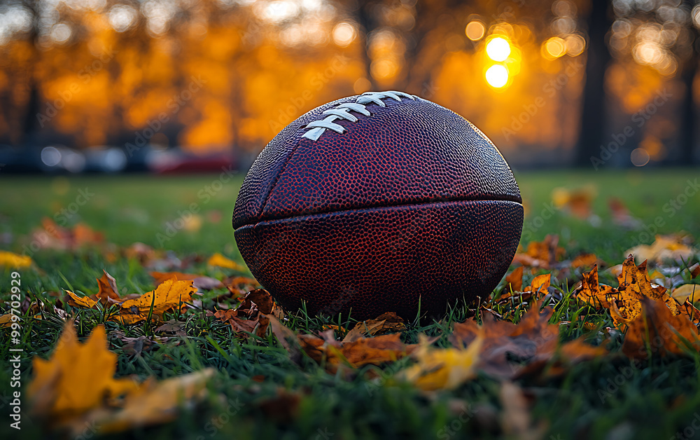 Early Fall Sports: Football on Leaf-Scattered Green Field Early Fall Sports: Football on Leaf-Scattered Green Field