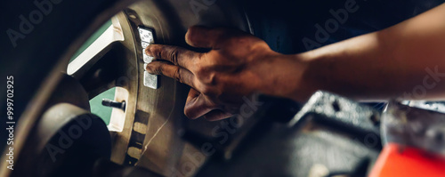 Fotografía Mechanic using Wheel weights for balancing tires arrayed in trays for precise balance