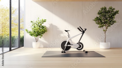 Modern Home Gym with Indoor Exercise Bike and Plants