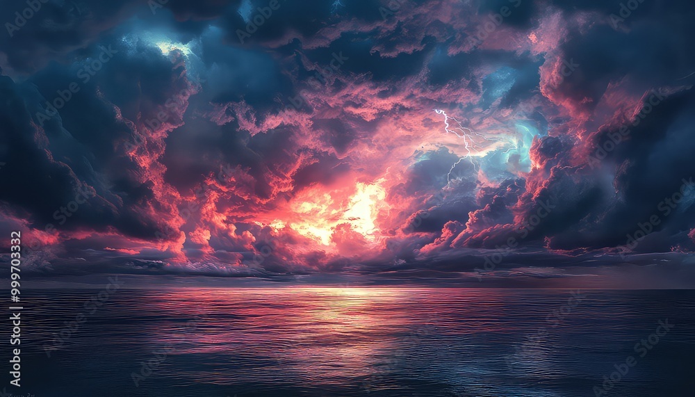 Powerful Lightning Strikes Over a Dark, Stormy Sea Powerful Lightning Strikes Over a Dark, Stormy Sea