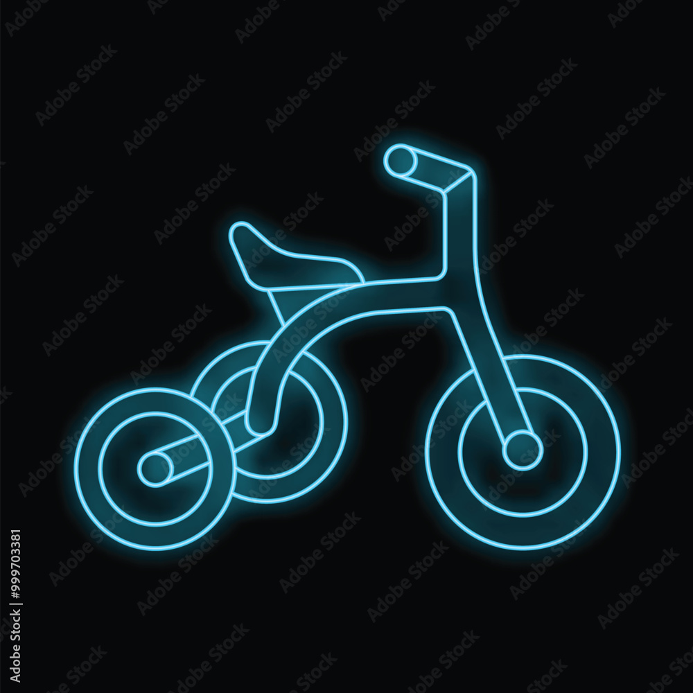 Blue neon sign in the shape of a children's tricycle is glowing on a black background Blue neon sign in the shape of a children's tricycle is glowing on a black background