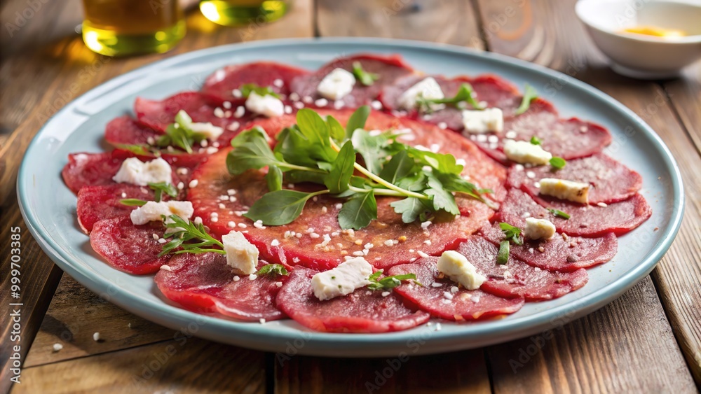 Beef carpaccio served on a blue plate with arugula and cheese, elegantly arranged on a rustic wooden table setting