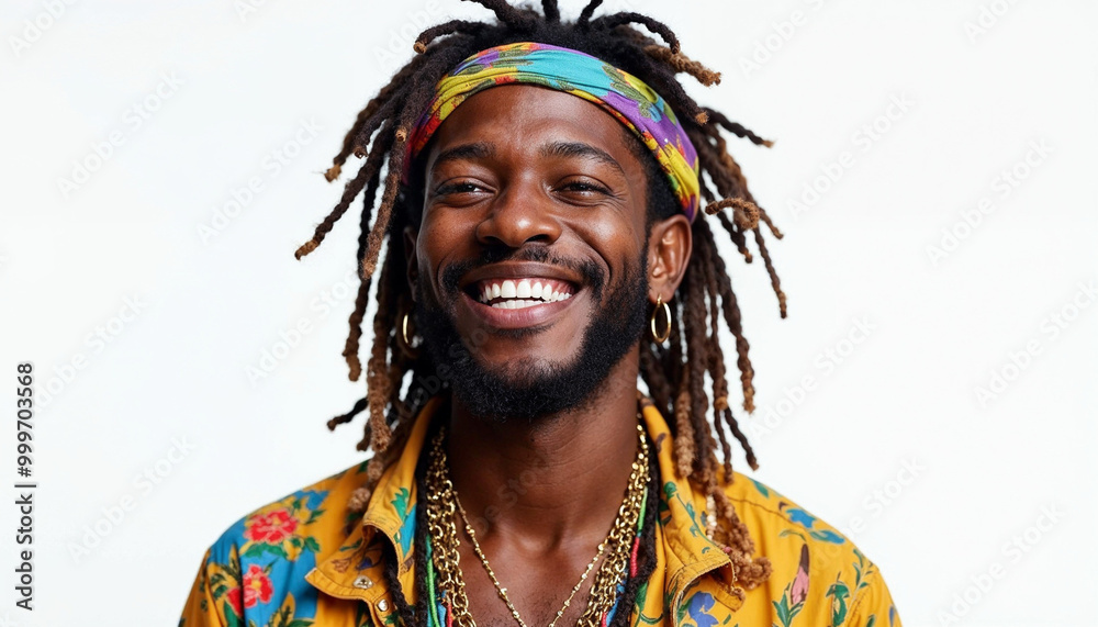 Portrait of a young African American man in colorful hippie-style clothing with a warm smile. Portrait of a young African American man in colorful hippie-style clothing with a warm smile.