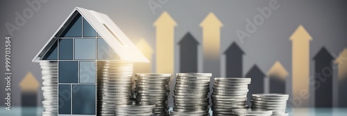 model houses and virtual graph, real estate growth in the future, finance, banking, lending, and trading.