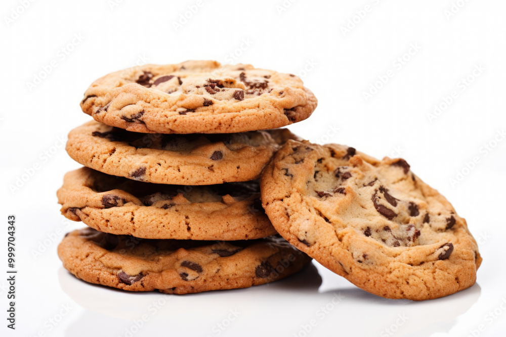 A delightful stack of chocolate chip cookies arranged on a white surface A delightful stack of chocolate chip cookies arranged on a white surface