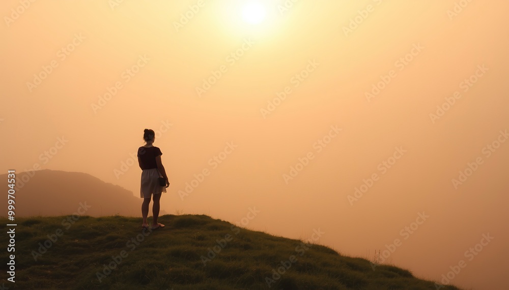 A lone woman stands on a grassy hilltop, looking out at the hazy, golden sunrise, bathed in the soft light of the sun.
A lone woman stands on a grassy hilltop, looking out at the hazy, golden sunrise, bathed in the soft light of the sun.