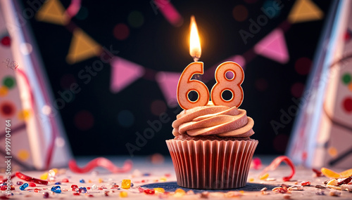 Birthday cupcake with burning lit candle with number 68. Number sixty-eight for sixty-eight years or sixty-eighth anniversary. photo