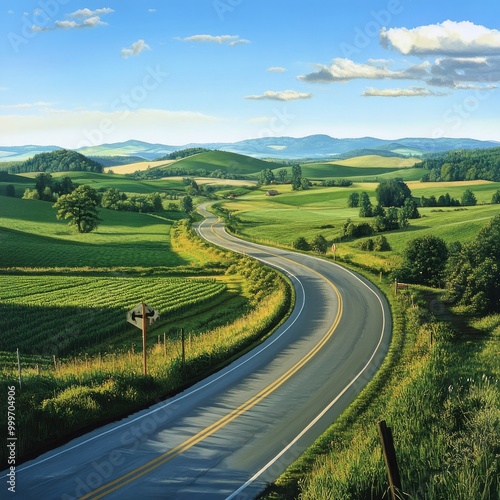 A scenic highway bordered by lush green fields, where farmers are harvesting crops, capturing the essence of rural life and the beauty of agricultural landscapes. field