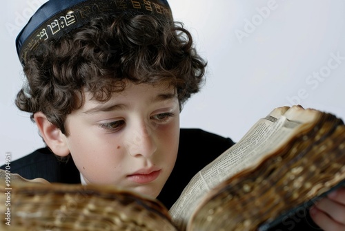 A young boy sitting down and reading a book while wearing a hat, great for education or storytelling concepts photo