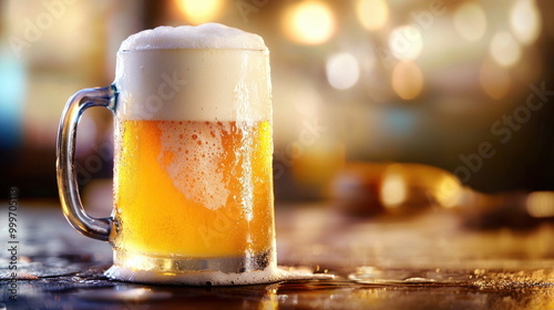 Cold Beer in a Glass Mug with Frothy Head.