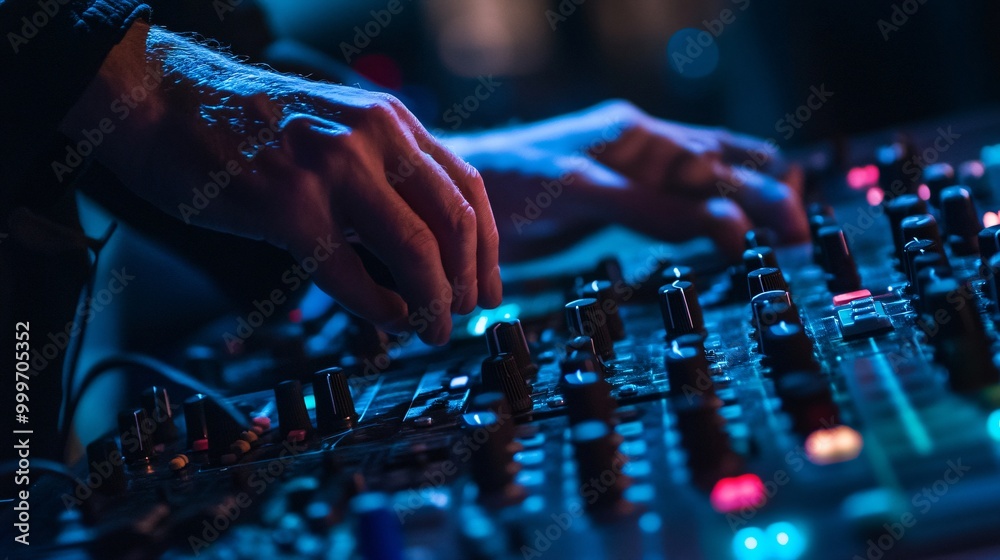 Close-up of a hand adjusting knobs on a sound mixer in a dark room with blue and red lights. Close-up of a hand adjusting knobs on a sound mixer in a dark room with blue and red lights.