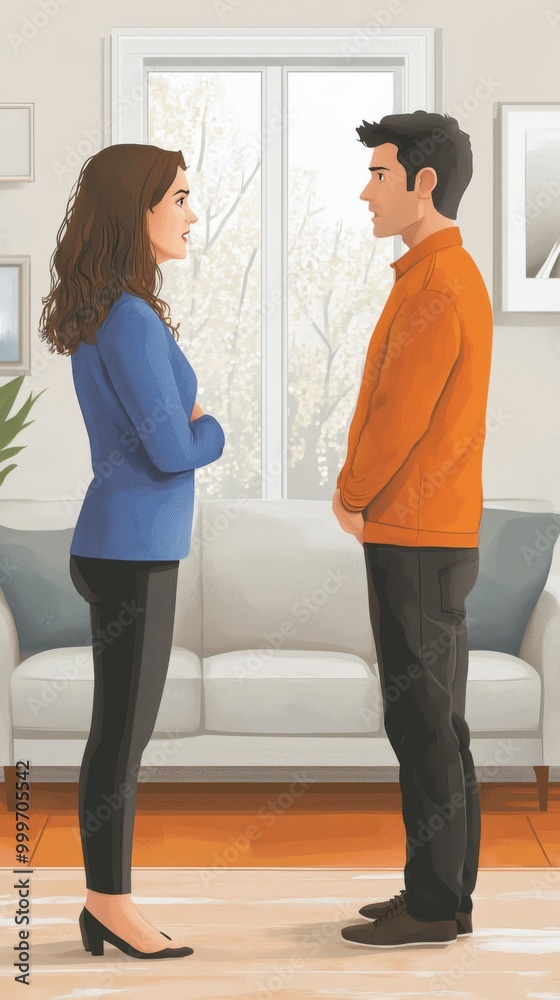 Fototapeta premium Married couple spouses quarrel, squabbling, fighting, vigorously gesticulating while sitting on couch. Aggressive wife blaming husband making excuses. Guy and girl violently discussing acute issue.