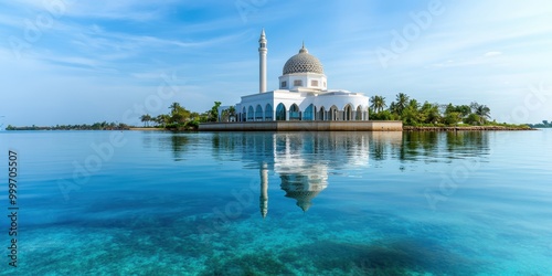 A serene mosque reflected in calm waters, surrounded by lush greenery and a clear sky.