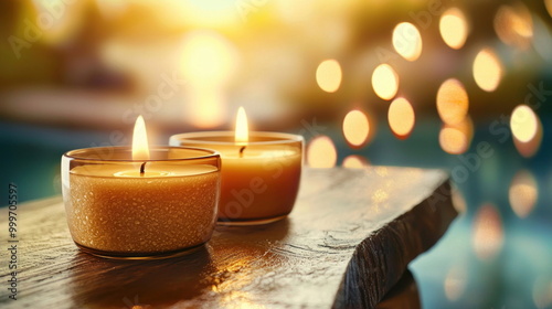 Burning Candles on Wooden Surface with Blurred Lights Background.