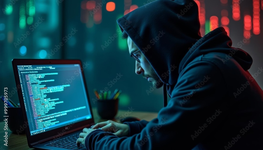 Focused on the code under the glow of the city lights Focused on the code under the glow of the city lights
