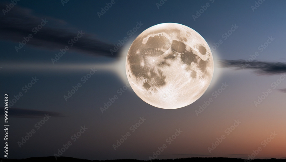 A colossal, radiant super moon suspended prominently in the evening sky, generative ai