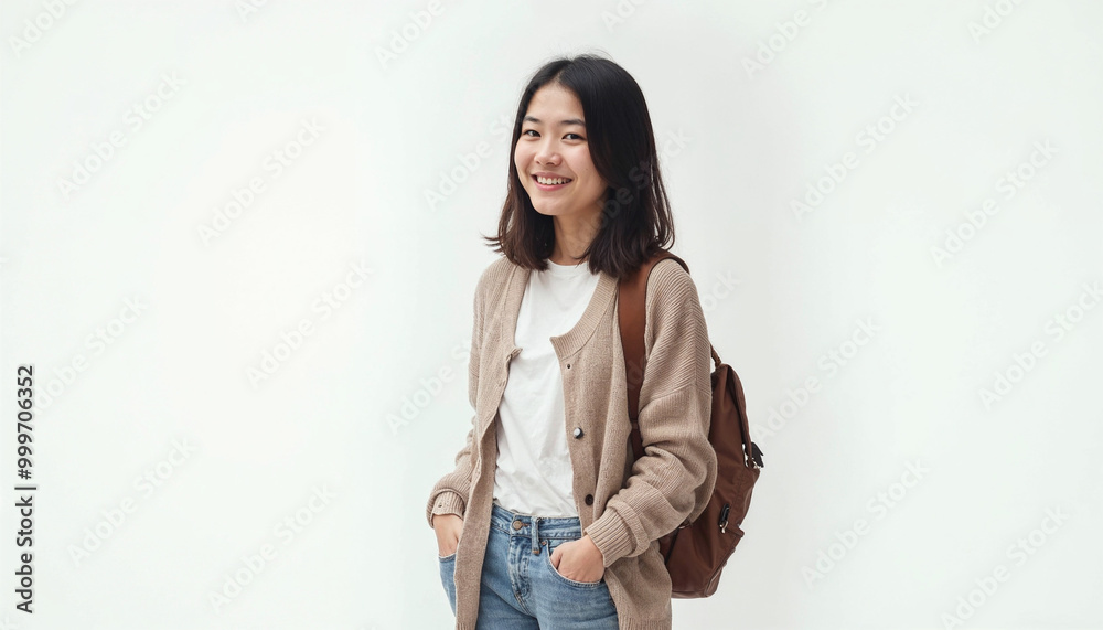 Portrait of a young Asian college girl in casual attire, smiling against a white background. Portrait of a young Asian college girl in casual attire, smiling against a white background.