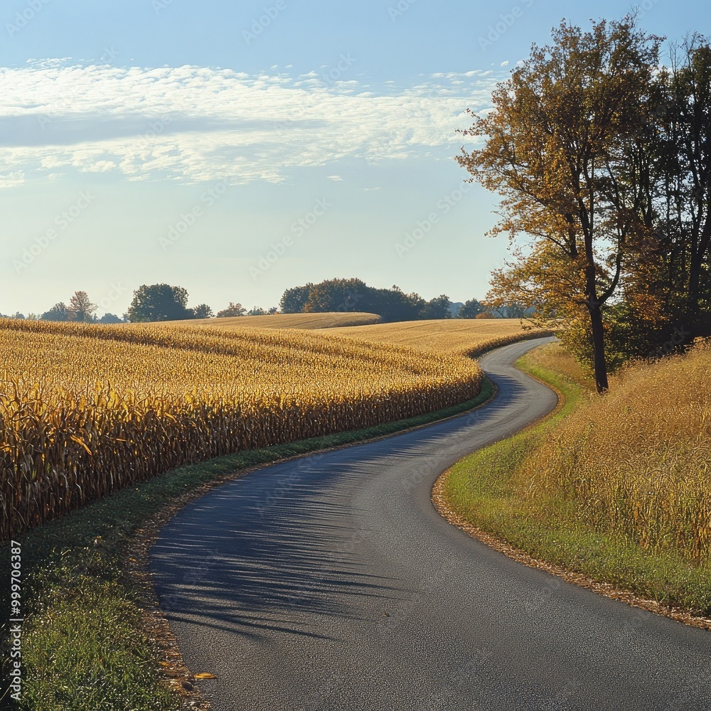 Naklejka premium A serene country road lined with golden corn fields swaying gently in the breeze, inviting travelers to stop and enjoy the tranquil beauty of rural life. Corn