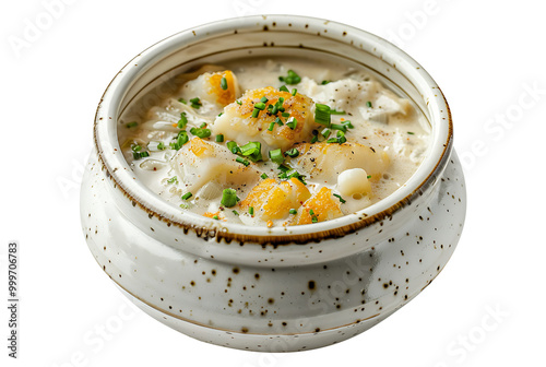 Smoked haddock chowder soup in a white ceramic bowl photo