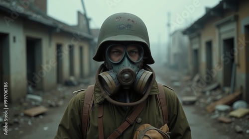 Soldier wearing gas mask in deserted war zone