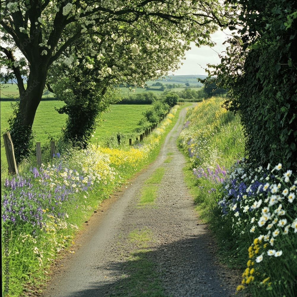 A tranquil country lane lined with wildflowers and climbing vines, creating a picturesque path for walkers and cyclists to enjoy the natural beauty of the area. vine