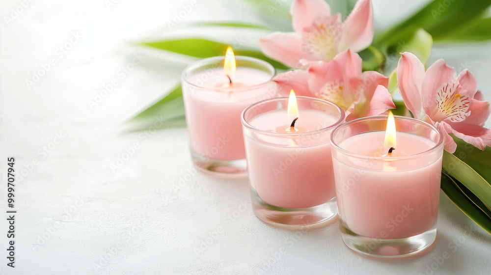 Pink Candles and Flowers on White Background. Pink Candles and Flowers on White Background.