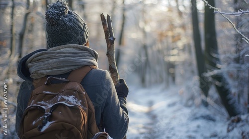 Wallpaper Mural Active Tourist With Wooden Stick Looking Around While Walking In Winter Forest On Cold Day Wrapped In Scarf At Sunny Frozen Day Or Morning Bushcraft Travel Nature Active Lifestyle Concept Torontodigital.ca