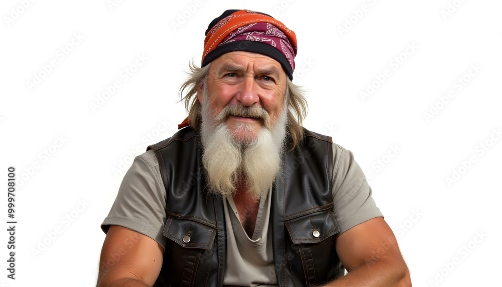 Portrait of a seasoned biker with long beard and strong build in classic biker attire.
Portrait of a seasoned biker with long beard and strong build in classic biker attire.