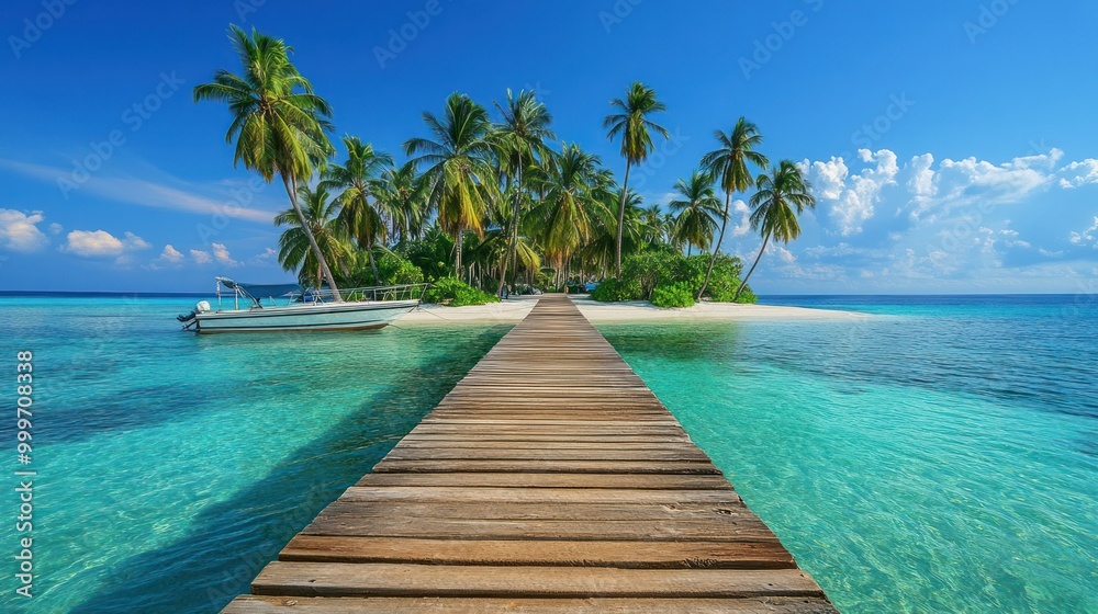 Tropical Paradise: A Wooden Pier Leads to a Secluded Island Tropical Paradise: A Wooden Pier Leads to a Secluded Island