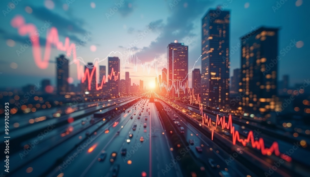 Fototapeta premium Vibrant cityscape at dusk with dynamic lines and lights