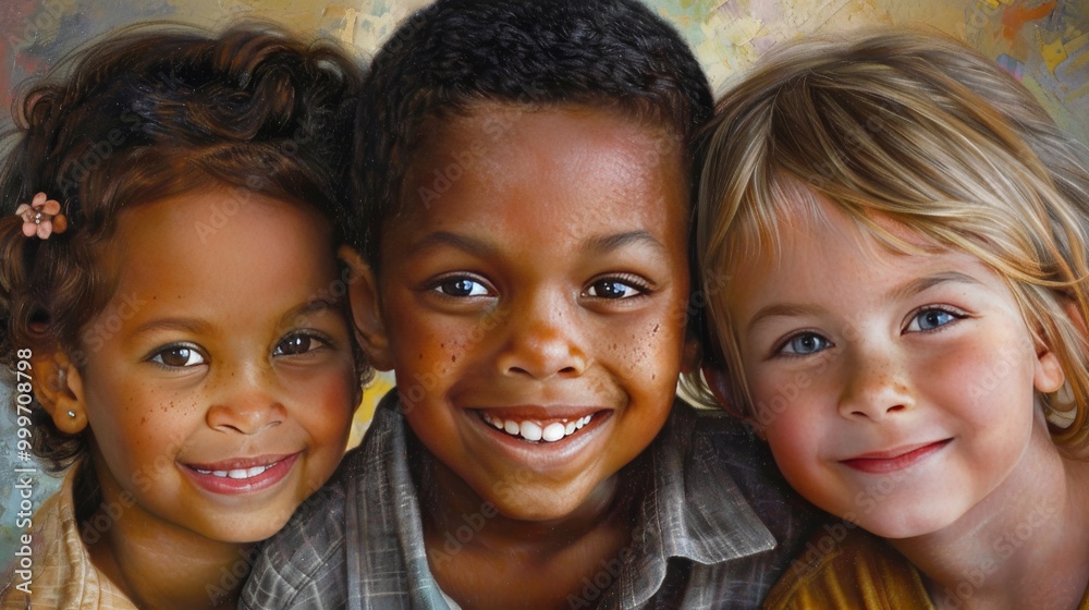 Obraz premium A close-up portrait of three kids from different backgrounds