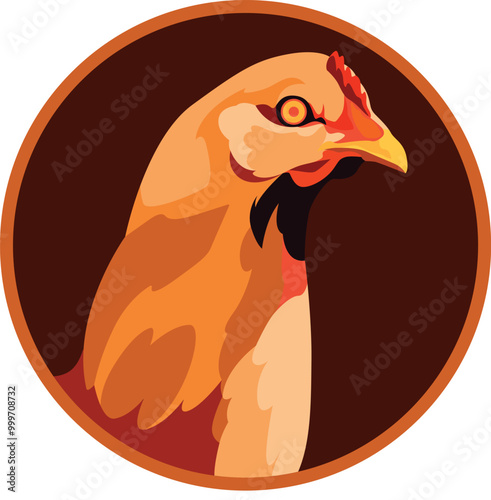 Vector character of a chicken head inside a circle, perfect for logos or branding for any business related to chickens.