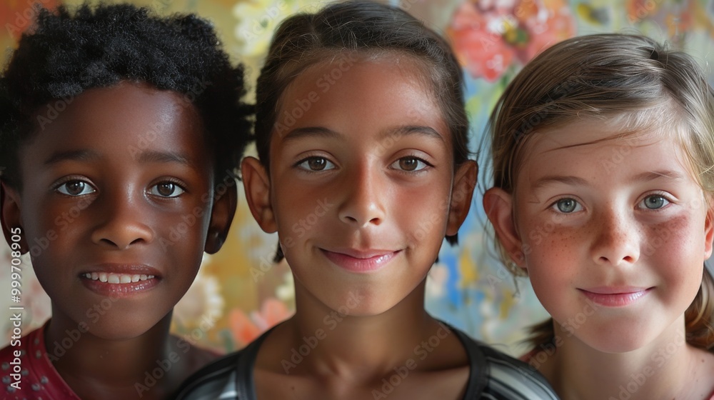 Fototapeta premium A close-up portrait of three kids from different backgrounds